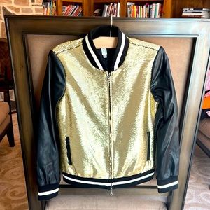 MURAL brand jacket. Never worn, pockets. Good sequins with black leather arms.